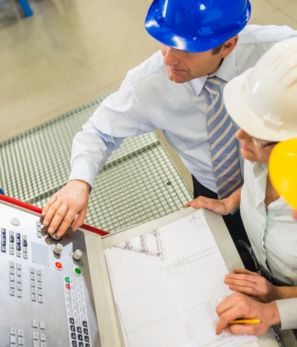 Manufacturing Digital Marketing Manufacturer owner looking at machine with employees