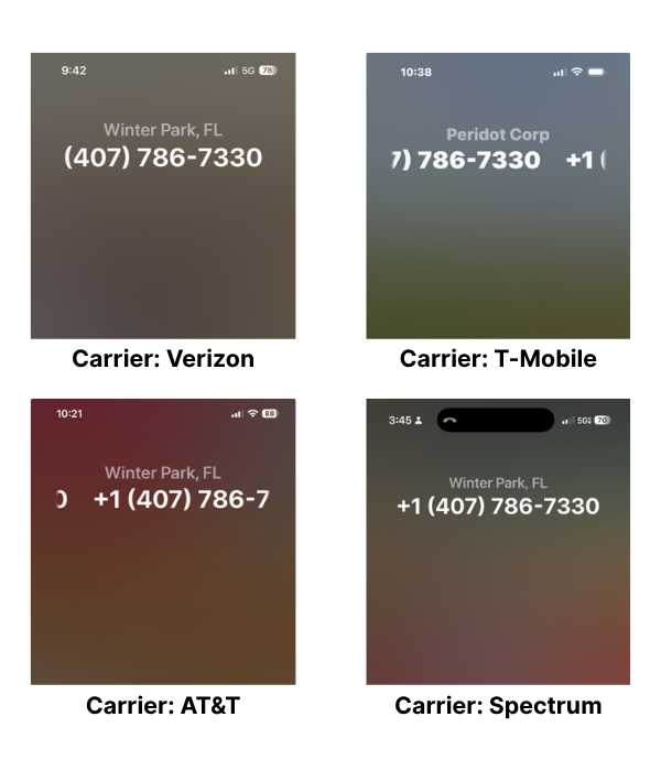 Caller ID Examples screenshots of how caller id displays across different carriers