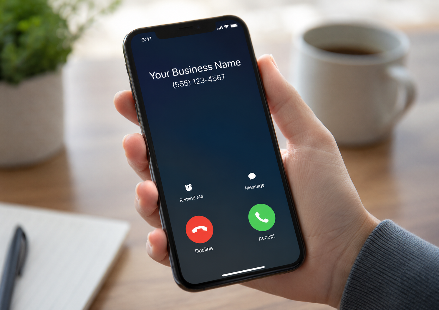 Caller ID - Your Business Name image of a phone screen with Your Business Name as the Caller ID