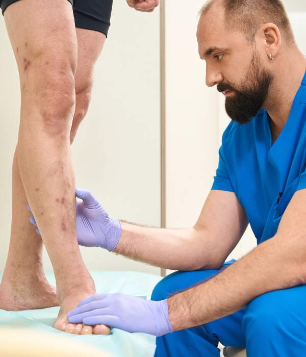 Vein technician looking at patient leg