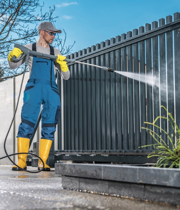 Home Services technician pressure washing a fence