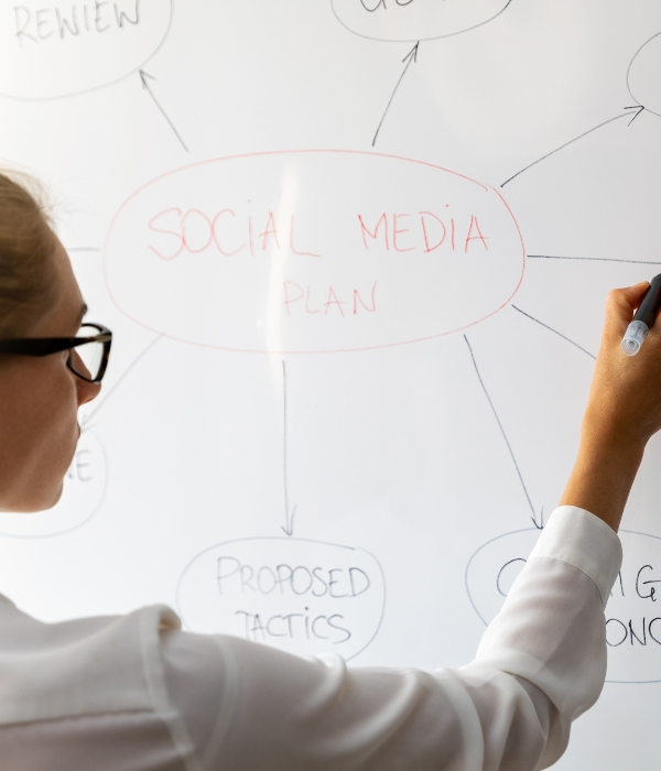 Woman standing at a white board with a social media plan drawn on the white board